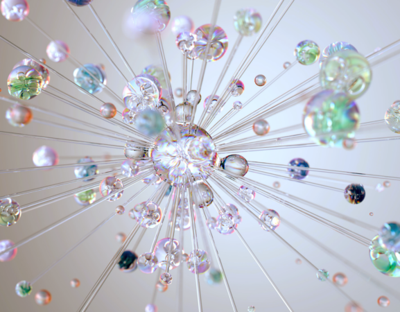 Stylized image of glass balls and tubes radiating from a large central glass ball.