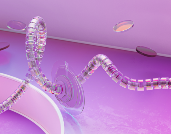 Stylized image of a metal spring with transparent plastic cover on a purple background with circles floating in space.