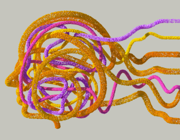 A tangle of differently coloured protein strands with some loose on the right side.
