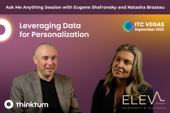 Ad for an Ask Me Anything session with Eugene Shafrosky and Natasha Brazeau, titles Leveraging data for personalization, photos of the guests and ITC Vegas, Eleva and thinktum logos.