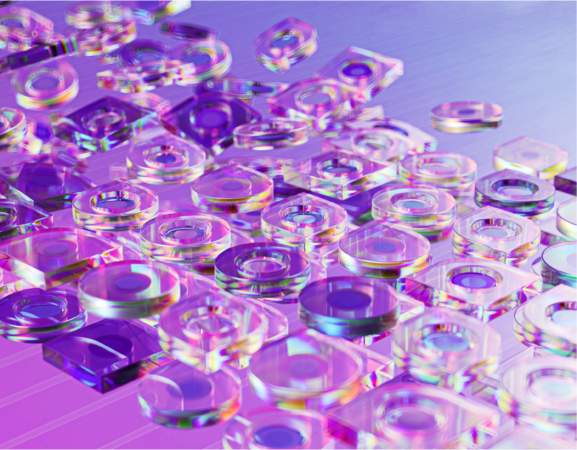 Stylized image of reflective purple glass circles on a purple background.