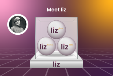 Purple background, with a transparent box and three balls inside: liz flow, liz assess, and liz data with liz on the base of the box. And a small photo of a woman.