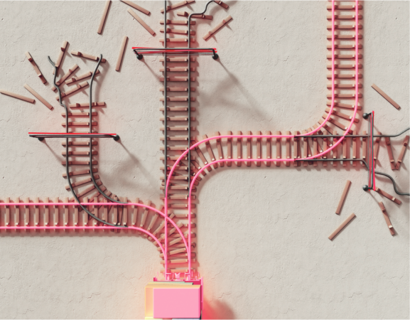 Stylized images of what looks like train tracks coming from a pink box and radiating out with gates and pieces of wood.