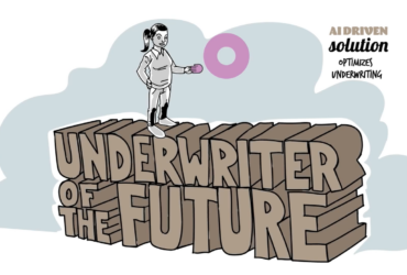 Ad for the Underwriter of the Future with Ai Driven Solution optimizes underwriting, the thinktum circle, and a drawn image of a young woman.