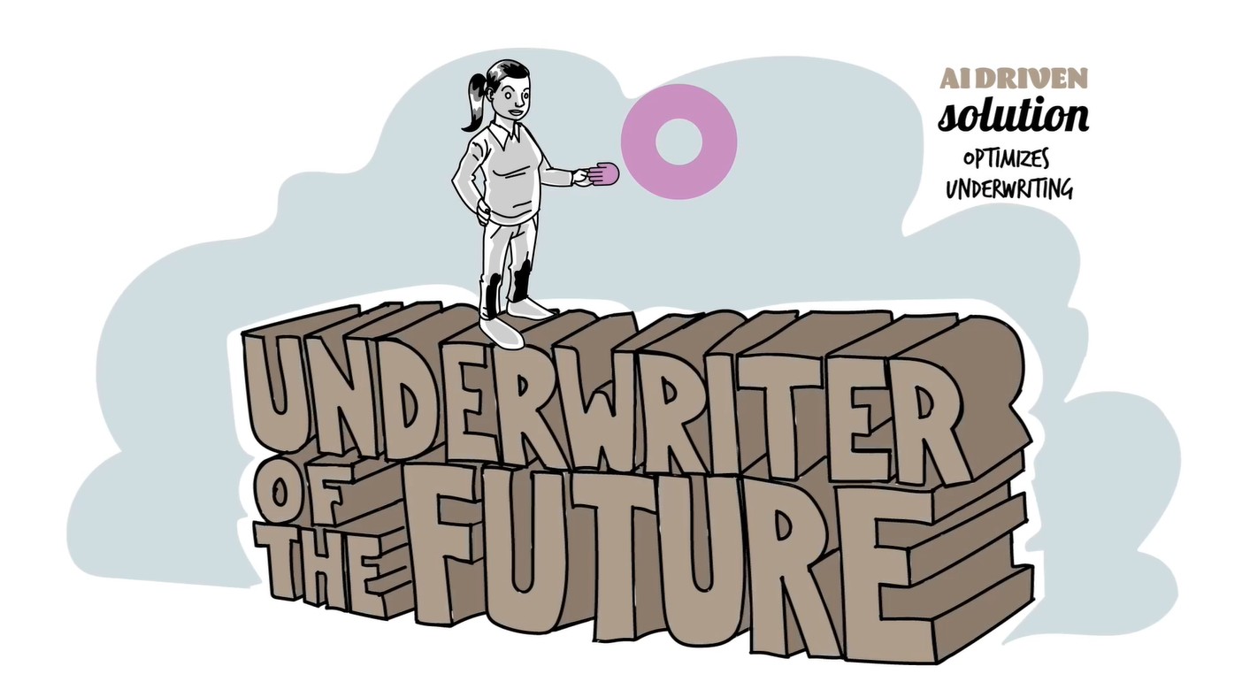 Ad for the Underwriter of the Future with Ai Driven Solution optimizes underwriting, the thinktum circle, and a drawn image of a young woman.