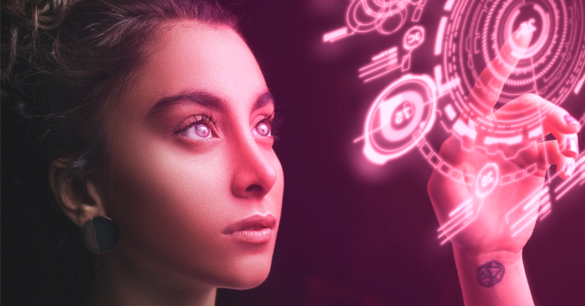 A young woman is shown looking at symbols shown as light. She points toward the centre of the image.