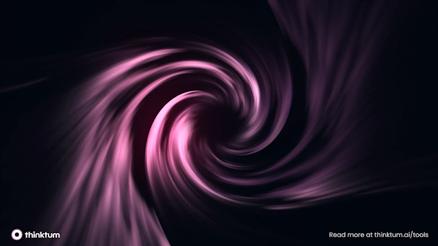 A moving pink swirl on a black background with 10x faster underwriting modeling and the thinktum logo as well as read more on thinktum.ai/tools.