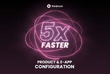 A black background shows 5x Faster Product & e-app configuration with orbiting pink lines around 5x faster.