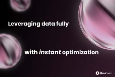 A black background shows pink and grey circles floating in space with the following text: Leveraging data fully with instant optimization.