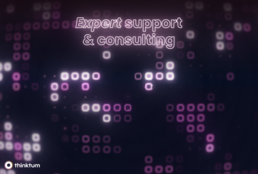 A black background shows small purple and white illuminated boxes in random order with Expert support & consulting with the thinktum logo below.