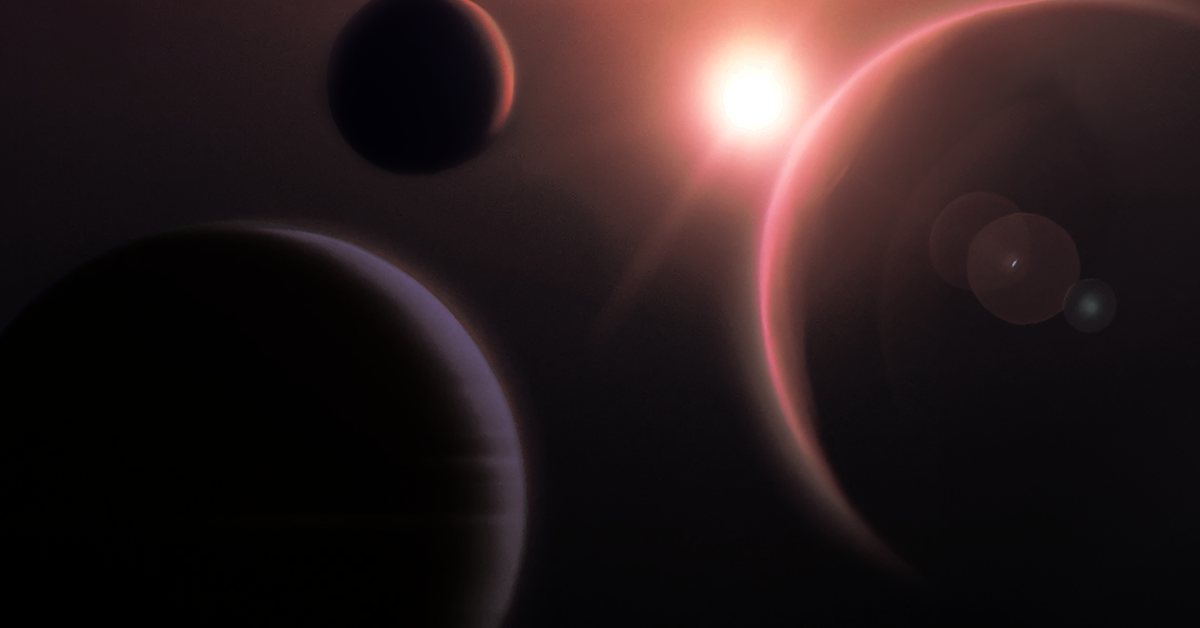A black background holds three stylized orbs depicted to look like planets. With a light source between all three.